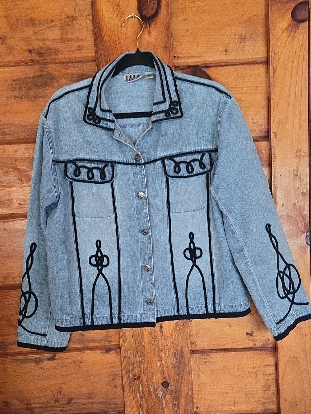 Chico's Light Blue Denim Jacket with Black Trim Embroidery